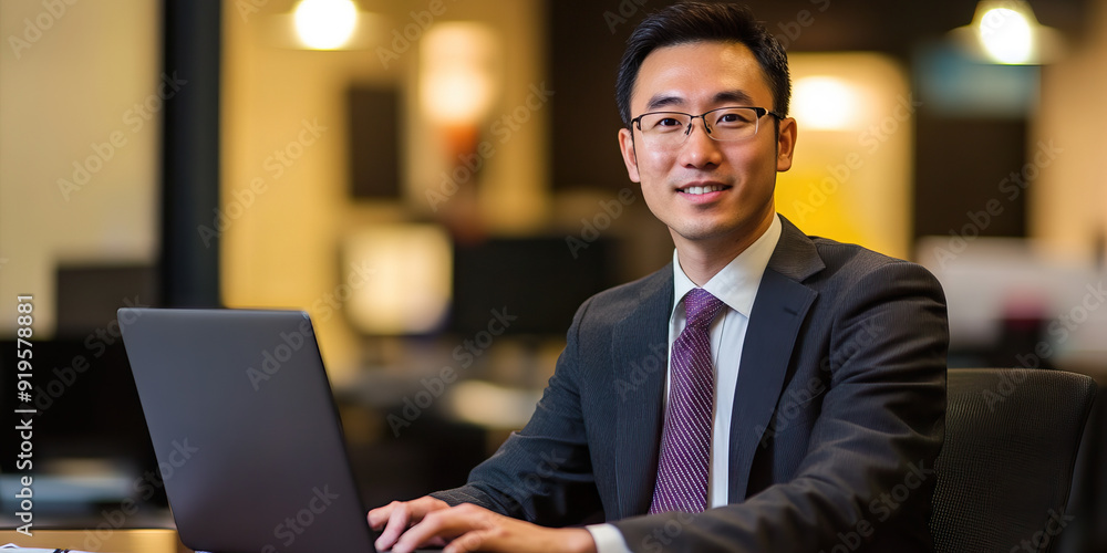 Asian Businessman in Suit and Tie, Using Laptop in Modern Office Setting Asian Businessman in Suit and Tie, Using Laptop in Modern Office Setting