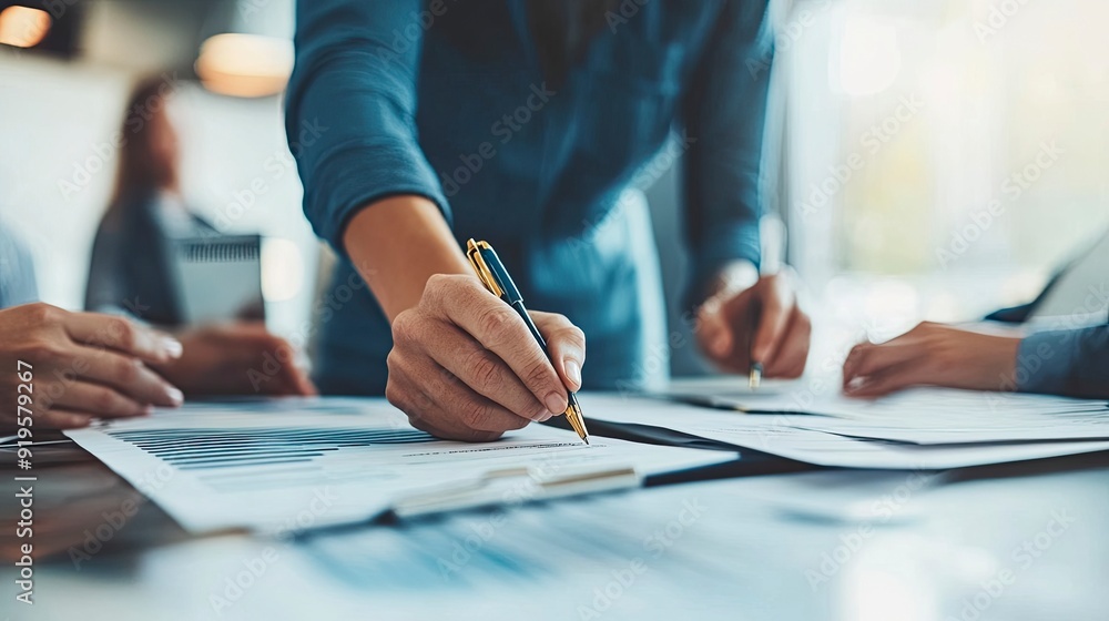 Photograph of a financial planner, reviewing documents with clients, bright and professional office, natural lighting Photograph of a financial planner, reviewing documents with clients, bright and professional office, natural lighting