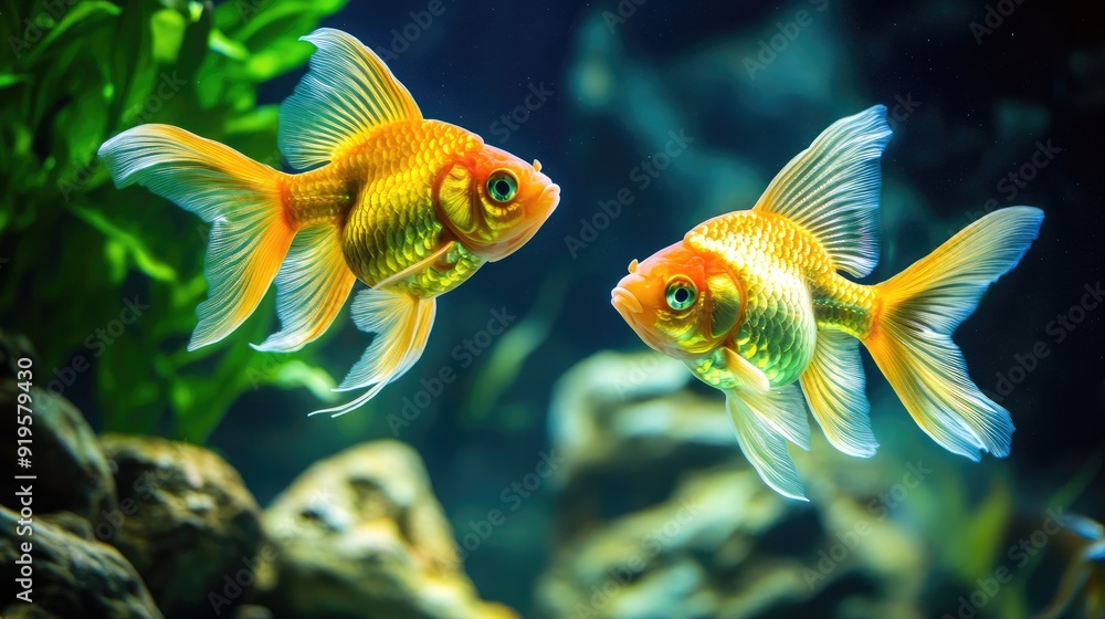 A pair of gold ornamental fish swimming near the aquarium floor, their vibrant color reflecting the light in a calm aquatic environment. A pair of gold ornamental fish swimming near the aquarium floor, their vibrant color reflecting the light in a calm aquatic environment.