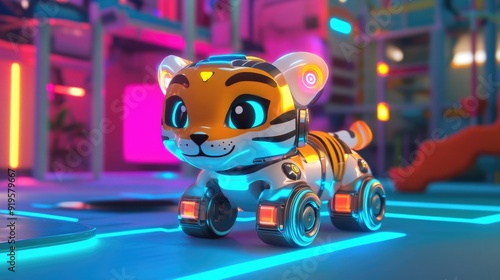 Robo-Tiger in a Futuristic Playground with Minimalistic Abstract Background