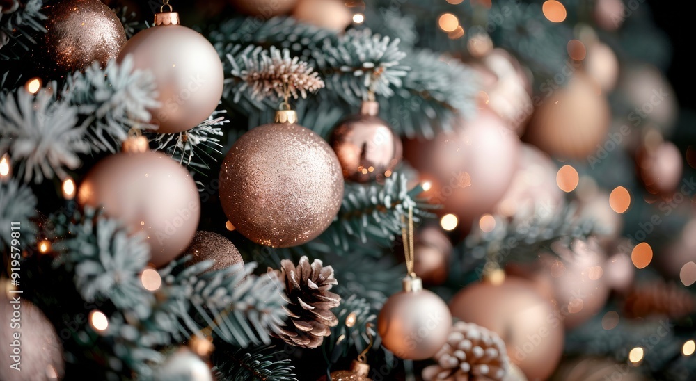 Festive Ornaments and Pine Cones on Evergreen Branches During Holiday Season Festive Ornaments and Pine Cones on Evergreen Branches During Holiday Season
