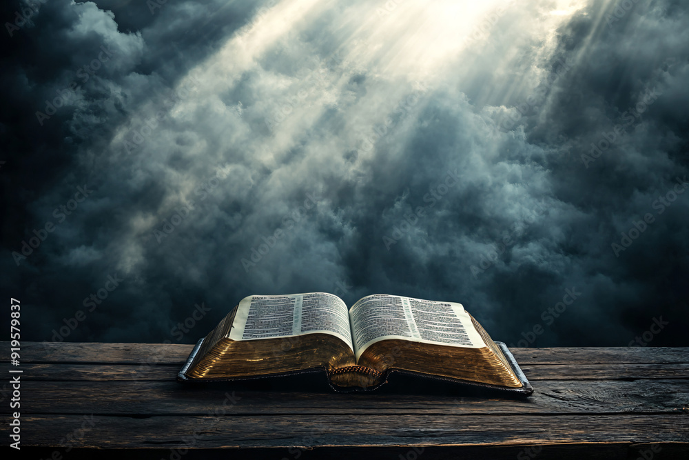Open Bible on Wooden Table With Dramatic Sky. Open Bible on Wooden Table With Dramatic Sky.
