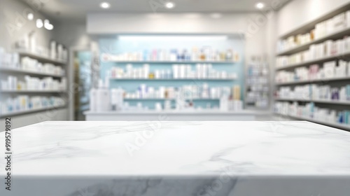 Wallpaper Mural A pristine white marble table with a blurred background of a well-lit drugstore, ideal for highlighting pharmacy products. Torontodigital.ca