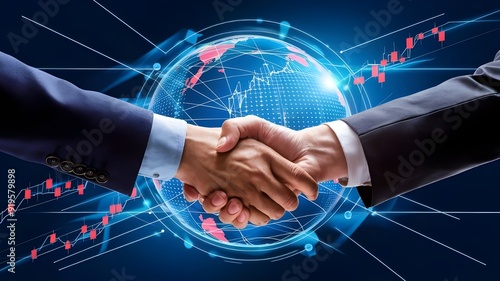 Digital Partnership Concept - Businessmen Handshake, Global Stock Market Graph, and Network Connection Diagram Background. A dynamic scene depicting businessmen shaking hands