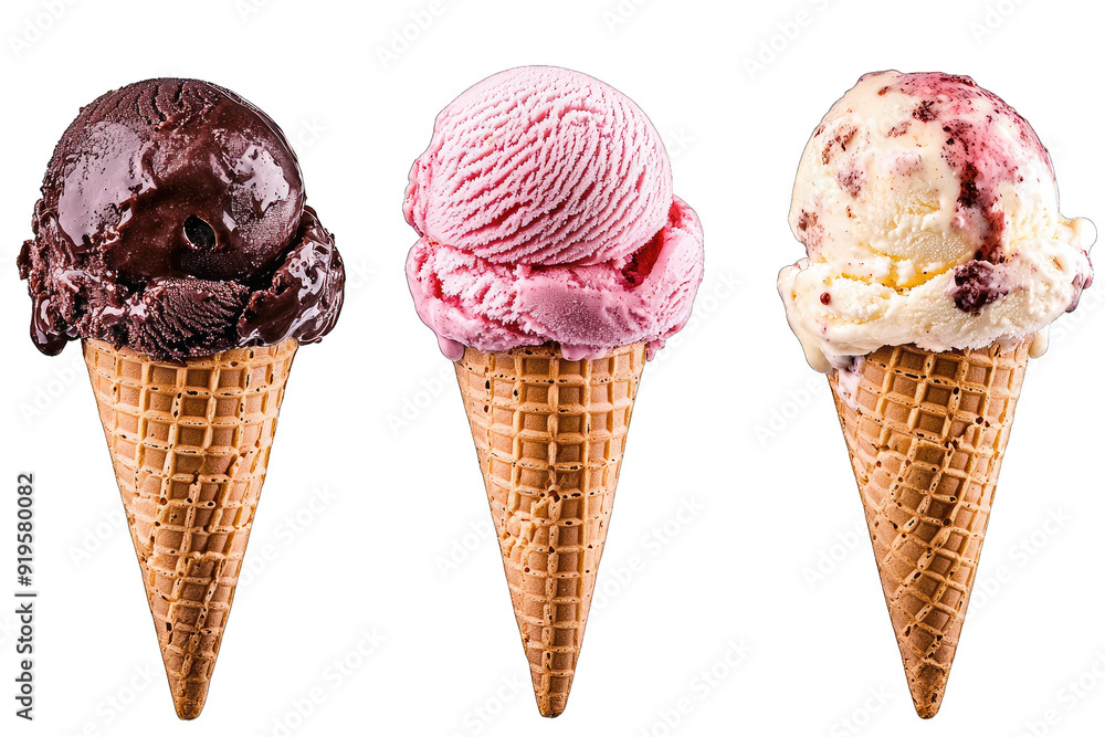 Delicious ice cream cones with chocolate, strawberry, and vanilla flavors, perfect for a sweet summer treat. Delicious ice cream cones with chocolate, strawberry, and vanilla flavors, perfect for a sweet summer treat.
