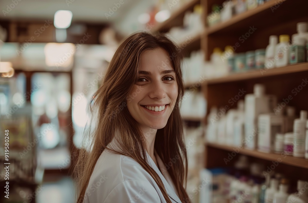 Pharmacist smiling while standing near shelves stocked with medicine Pharmacist smiling while standing near shelves stocked with medicine