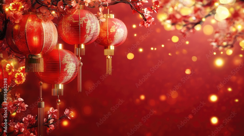 A rich red background adorned with Chinese New Year decorations, including lanterns and symbols of prosperity, creating a festive atmosphere. A rich red background adorned with Chinese New Year decorations, including lanterns and symbols of prosperity, creating a festive atmosphere.