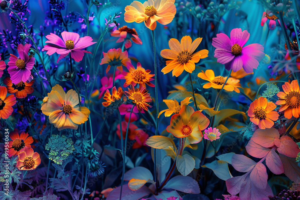 Array of colorful flowers blooming in a cosmic garden Array of colorful flowers blooming in a cosmic garden