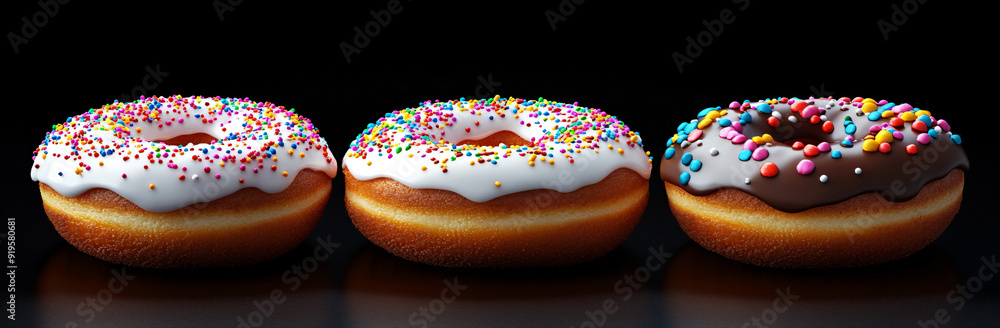 Three Glazed Donuts With Sprinkles. Three Glazed Donuts With Sprinkles.
