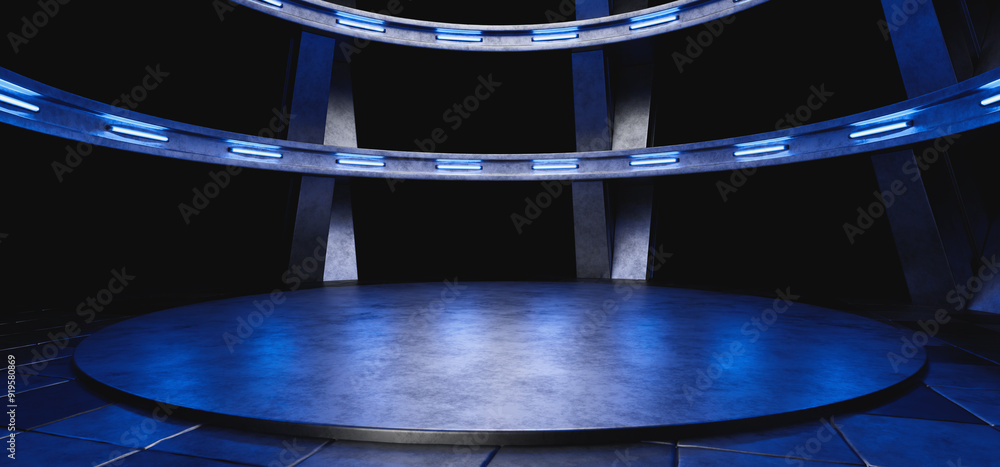 Fototapeta premium Hangar with metal tiles. Showroom. Exhibition hall. Industrial background. Podium for car. Dark empty warehouse with podium. Futuristic warehouse. Futuristic corridor with tiles. 3d render.