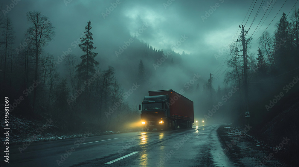 Truck driving through foggy forest. Truck driving through foggy forest.