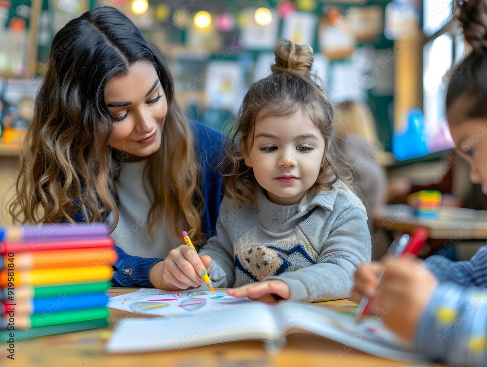 A mother and daughter enjoy creative time together, coloring in a bright classroom filled with art supplies and kids around, on a sunny afternoon A mother and daughter enjoy creative time together, coloring in a bright classroom filled with art supplies and kids around, on a sunny afternoon