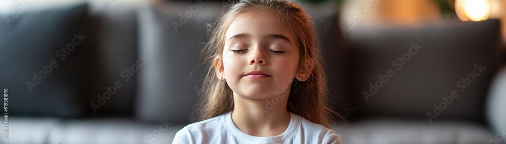 Young girl practicing mindfulness with a meditation app, child, learning, habits Young girl practicing mindfulness with a meditation app, child, learning, habits