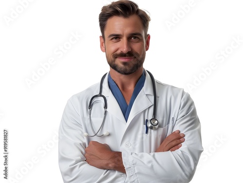 Confident male doctor in a white coat with a stethoscope smiling, standing with arms crossed