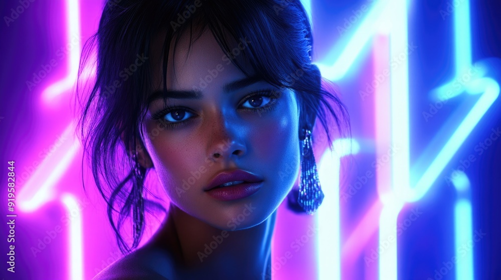 A fashion model poses elegantly under striking neon lights A fashion model poses elegantly under striking neon lights