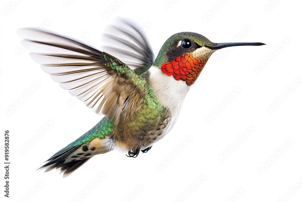 Fototapeta premium Hummingbird hovering and feeding isolated on a white background