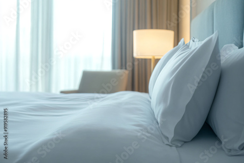 Hotel Bed with White Pillows and Bedding.