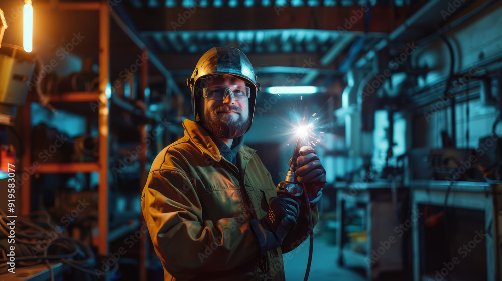 A welder in protective gear, holding a welding torch, standing in a workshop, smiling. A welder in protective gear, holding a welding torch, standing in a workshop, smiling.