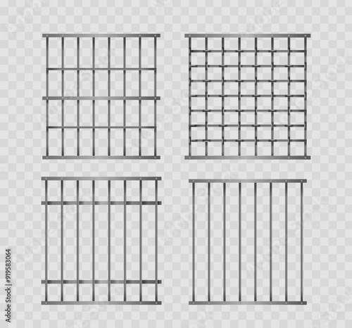 Set Of Four Different Prison Bars Isolated On Transparent Background. Each Design Showcases Various Bar Patterns