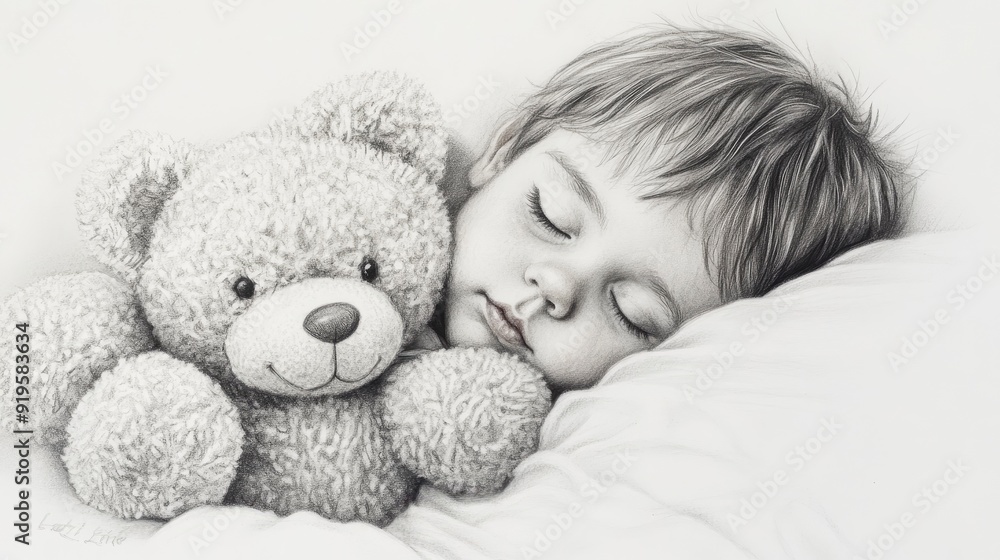 Pencil sketch of a child sleeping, peaceful and innocent, cuddling a teddy bear, detailed shading Pencil sketch of a child sleeping, peaceful and innocent, cuddling a teddy bear, detailed shading