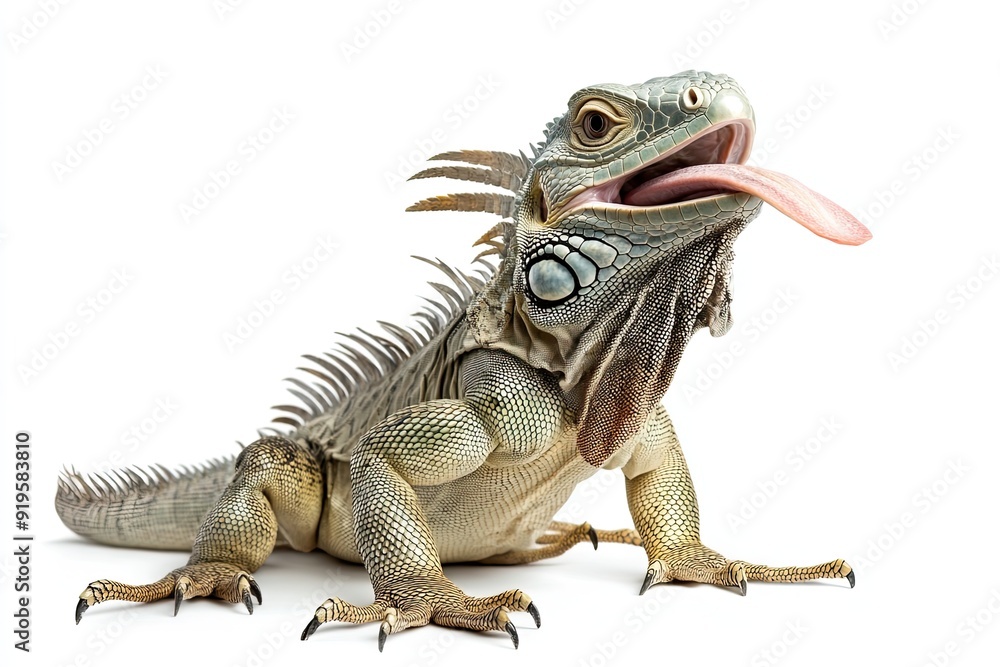 Iguana sitting and flicking tongue isolated on a white background Iguana sitting and flicking tongue isolated on a white background