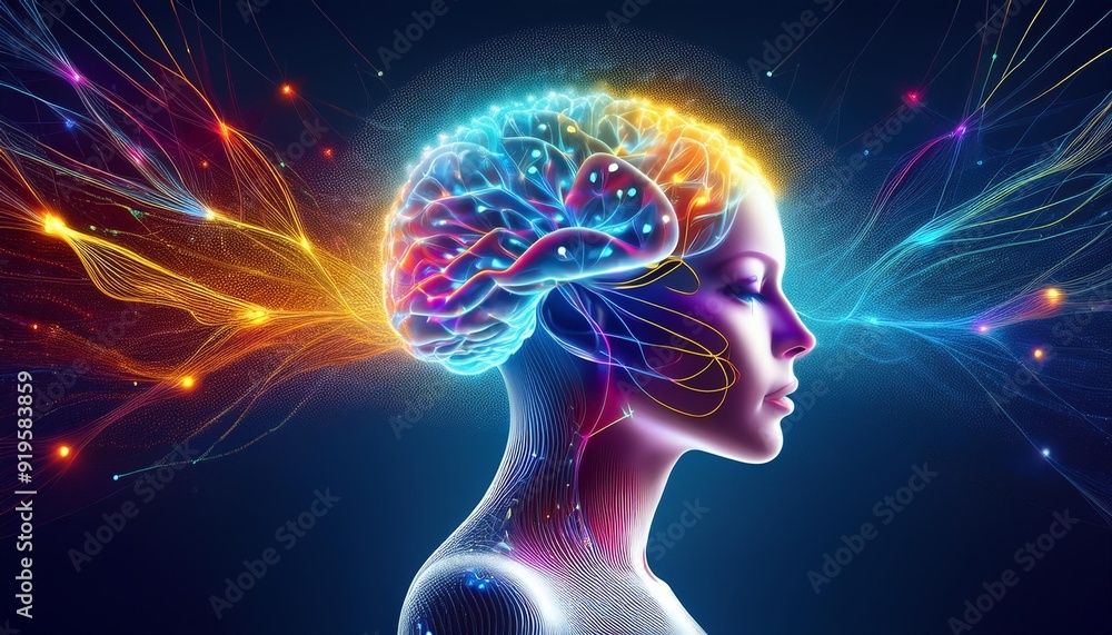 surreal ai brain visualization glowing neural networks form brain shape vibrant color gradient with floating data particles futuristic yet organic aesthetic on dark background surreal ai brain visualization glowing neural networks form brain shape vibrant color gradient with floating data particles futuristic yet organic aesthetic on dark background
