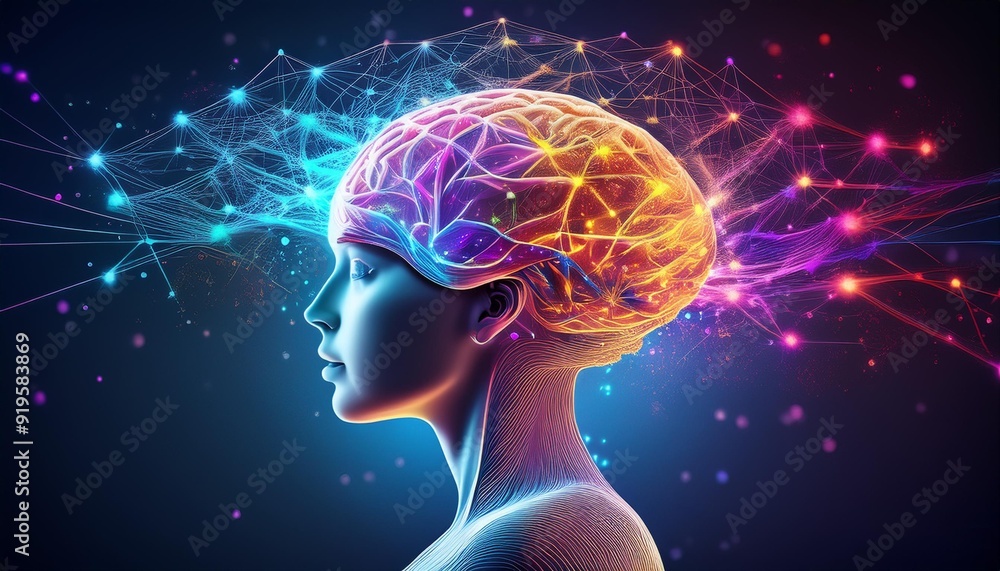 surreal ai brain visualization glowing neural networks form brain shape vibrant color gradient with floating data particles futuristic yet organic aesthetic on dark background surreal ai brain visualization glowing neural networks form brain shape vibrant color gradient with floating data particles futuristic yet organic aesthetic on dark background