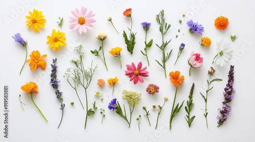 A flat lay of wildflowers arranged in a circular pattern