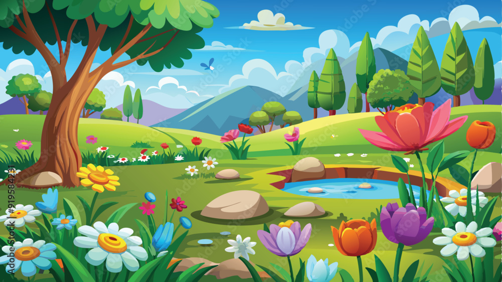 Obraz premium Illustration of a flower meadow in spring. AI digital illustration