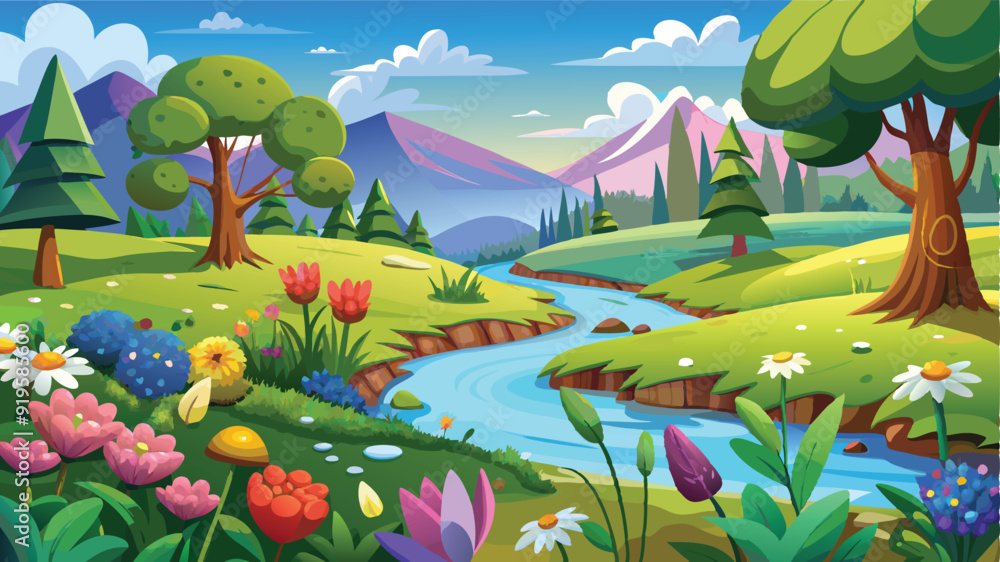 Naklejka premium Illustration of a flower meadow in spring. AI digital illustration