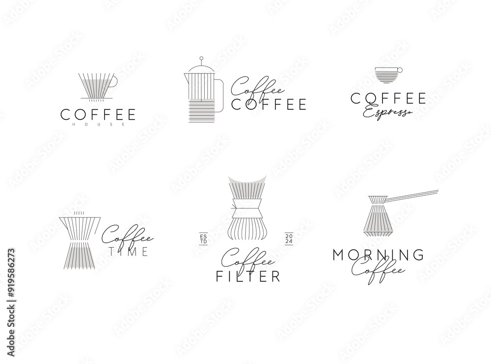 Coffee linear labels with lettering cup, glass, french press, maker, filter, drip, turk, pot drawn with flat black lines on white background
