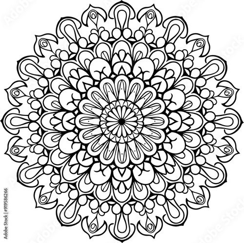 Mandala Design for color book. Detailed Black and White Round Mandala coloring page On White Background.