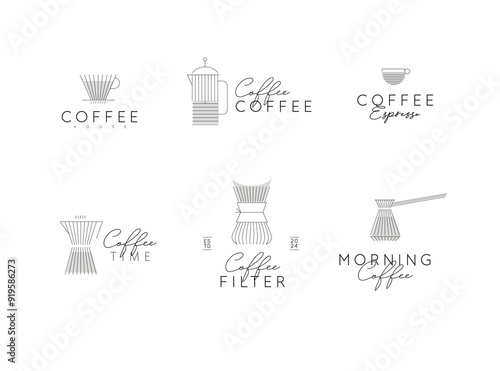 Obraz na płótnie Coffee linear labels with lettering cup, glass, french press, maker, filter, drip, turk, pot drawn with flat black lines on white background w salonie