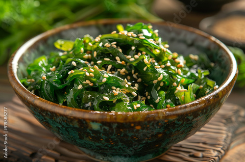 A bowl of fresh green seaweed 