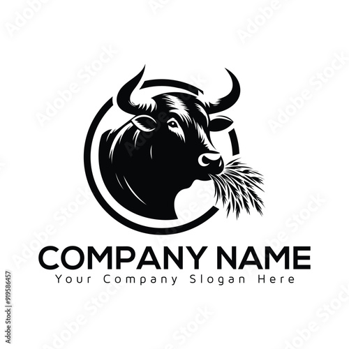 Bullhead silhouette logo icon vector design bull Circle logo design illustrator design Creative bull logo design bull with grass icon  cow farm modern company logo