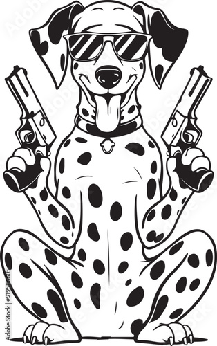 Funny Dalmatian Dog Holding Guns Stylized Vector