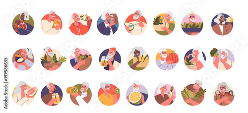 Isolated Vector Round Icons Or Avatars With Cartoon Elderly Characters Enthusiastically Enjoying Various Healthy Foods
