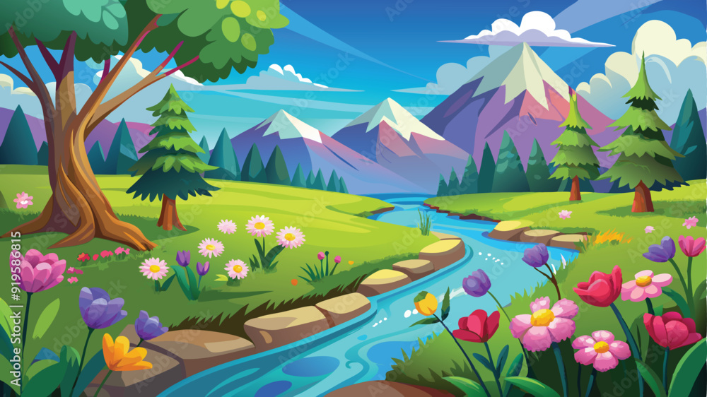Obraz premium Illustration of a flower meadow in spring. AI digital illustration