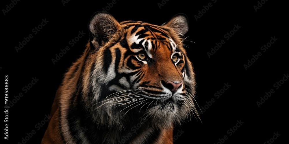 Naklejka premium Photo of a tiger isolated against a black background, emphasising the tiger's majestic features. Wildlife and conservation concept, space for copy.