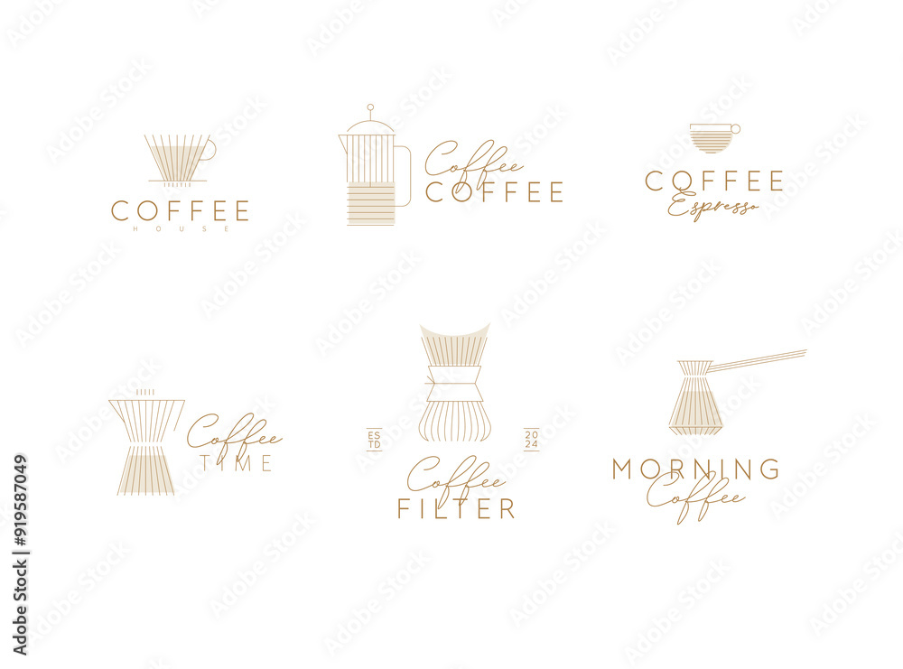 Coffee linear labels with lettering cup, glass, french press, maker, filter, drip, turk, pot drawn with flat beige lines on white background