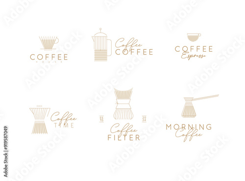 Obraz na płótnie Coffee linear labels with lettering cup, glass, french press, maker, filter, drip, turk, pot drawn with flat beige lines on white background w salonie
