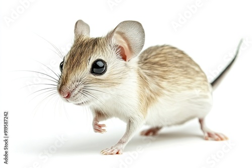 Kangaroo rat hopping and looking alert isolated on a white background