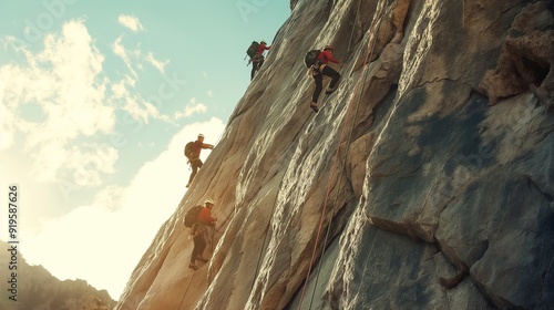 team of climbers ascending a sheer rock face
