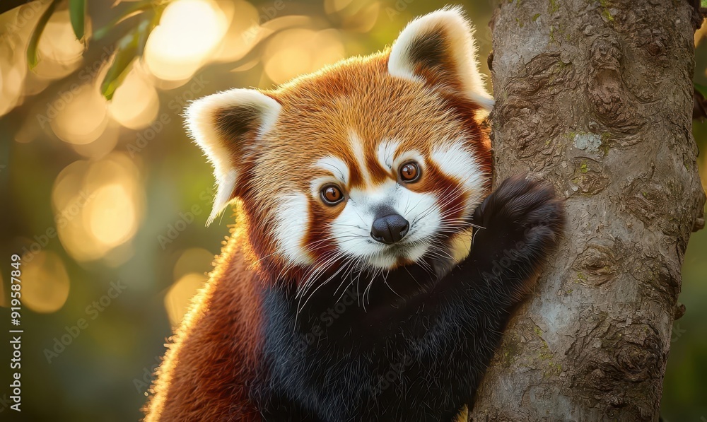 A red panda climbing a tree in the golden light of dawn, its fur glowing in the early morning sun, animal, sunrise climb A red panda climbing a tree in the golden light of dawn, its fur glowing in the early morning sun, animal, sunrise climb