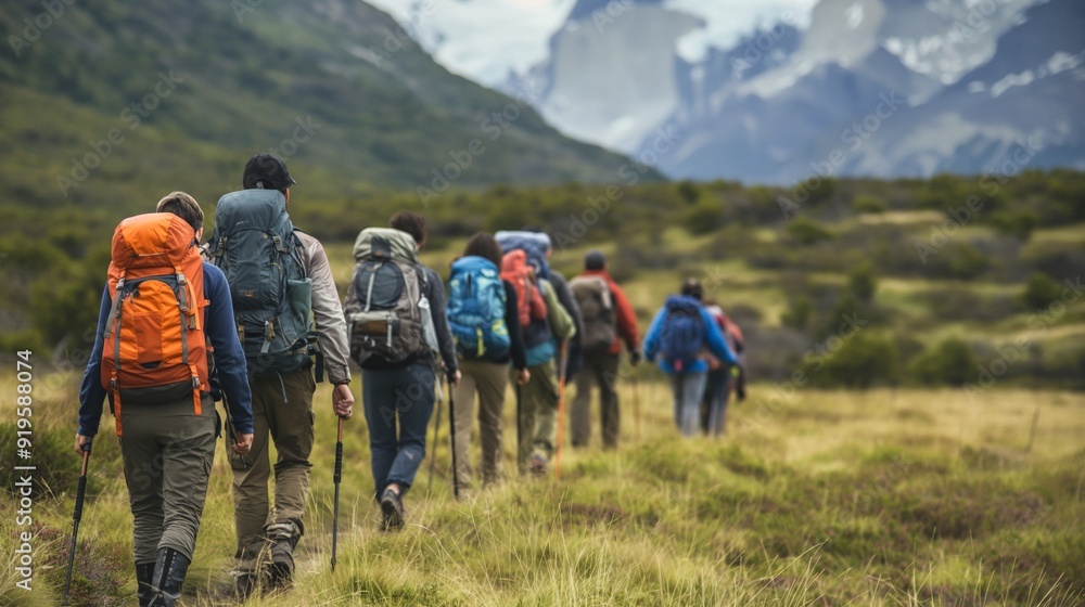 hikers leading a group of novices on a guided trek hikers leading a group of novices on a guided trek
