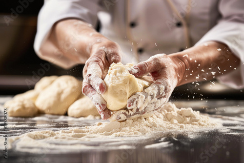 Close-up of hands kneading dough in professional kitchen