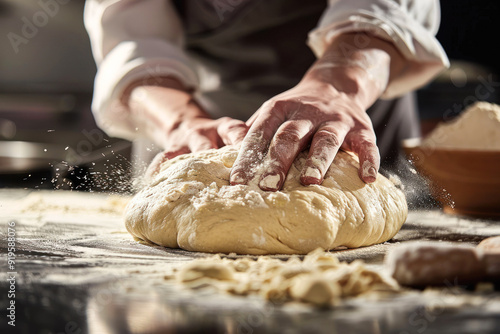 Hands kneading bread dough on flour-dusted counter photo