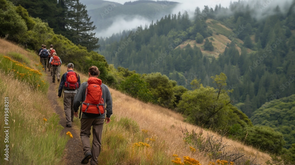 Fototapeta premium hikers leading a group of novices on a guided trek