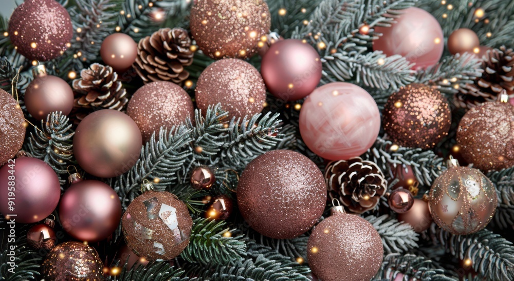 Festive Ornaments and Pine Cones on Evergreen Branches During Holiday Season Festive Ornaments and Pine Cones on Evergreen Branches During Holiday Season
