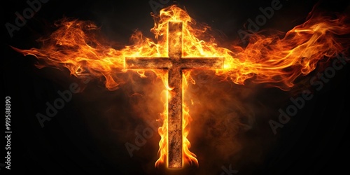 Fiery cross symbolizing power and strength, burning, fire, cross, symbol, power, strength, glowing, flames, heat, passion photo